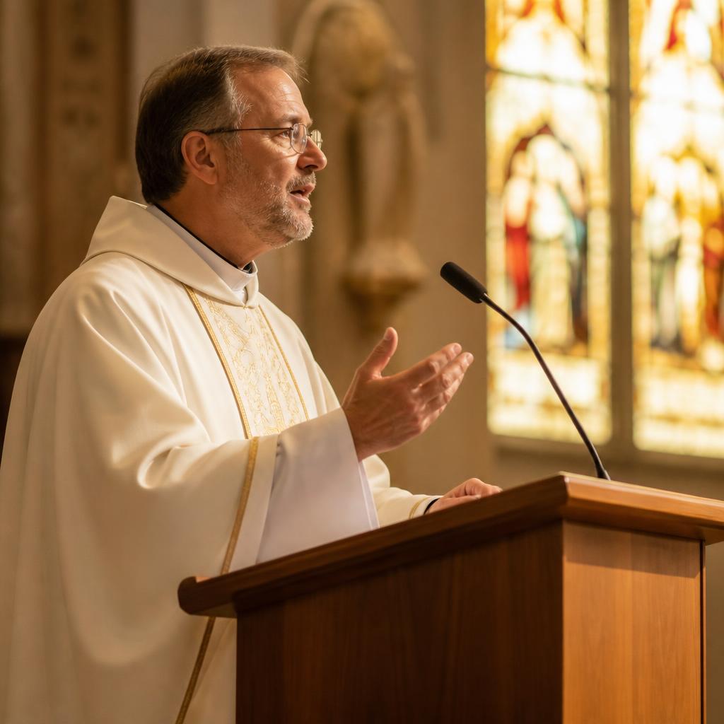 Sacerdote pregando a homilia no ambão da igreja