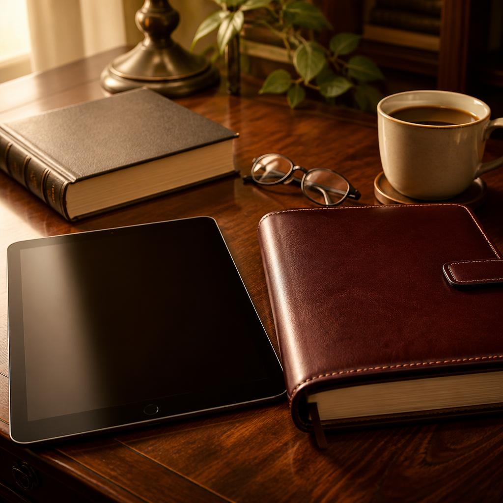 Tablet e material impresso sobre a mesa de estudo